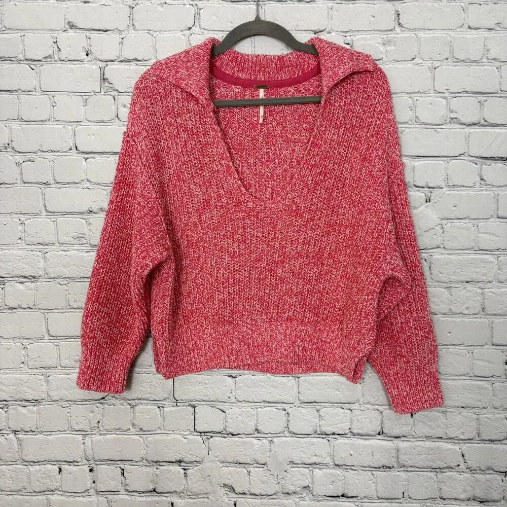Free People Love This City Collared V-Neck Pink Knit Sweater Size XS